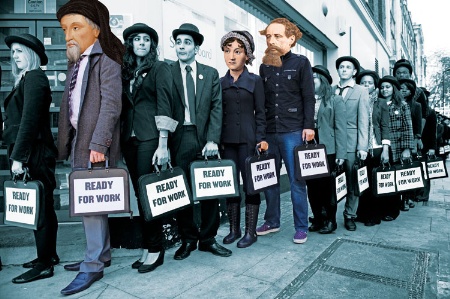 A queue of people carrying briefcases with a ready for work label on them