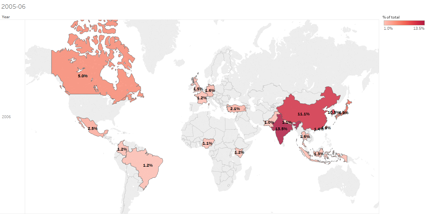 Top 20 nations sending students to US 2005-06 