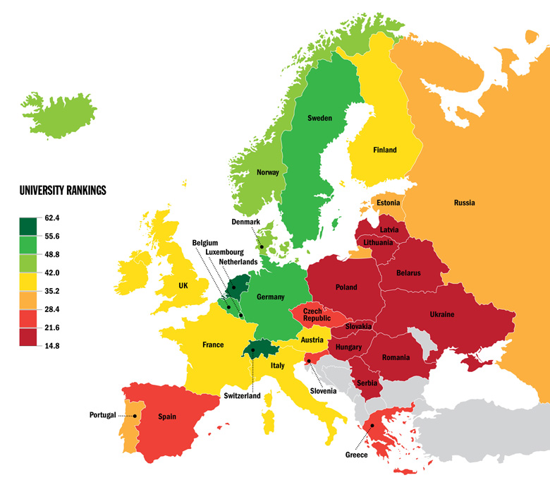 Median overall score of each country’s institutions in the top 800 of the World University Rankings