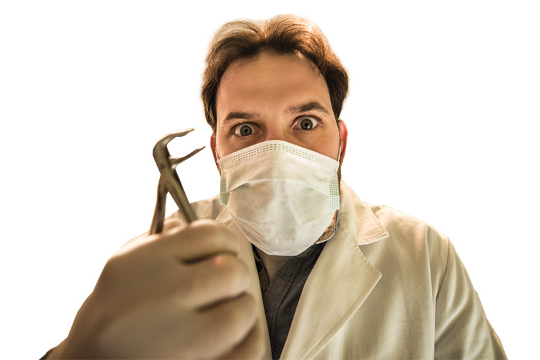 Creepy-looking male dentist holding pliers