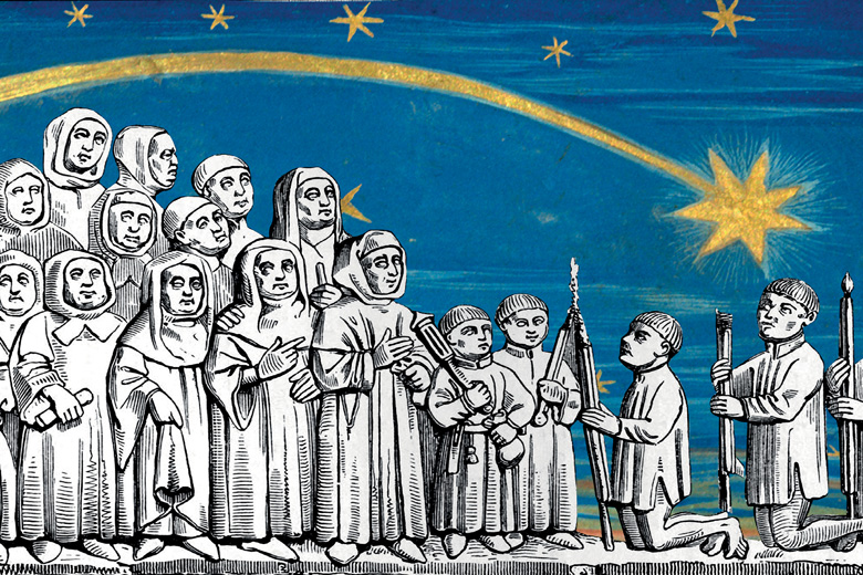 European Union (EU) stars above group of people praying