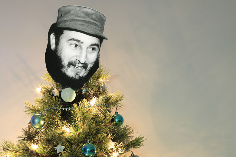 Fidel Castro mask on top of Christmas tree