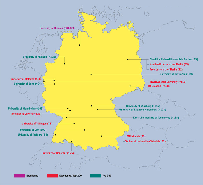 German universities in the excellence initiative and the THE World University Rankings 2015-16 top 200 (28 April 2016)