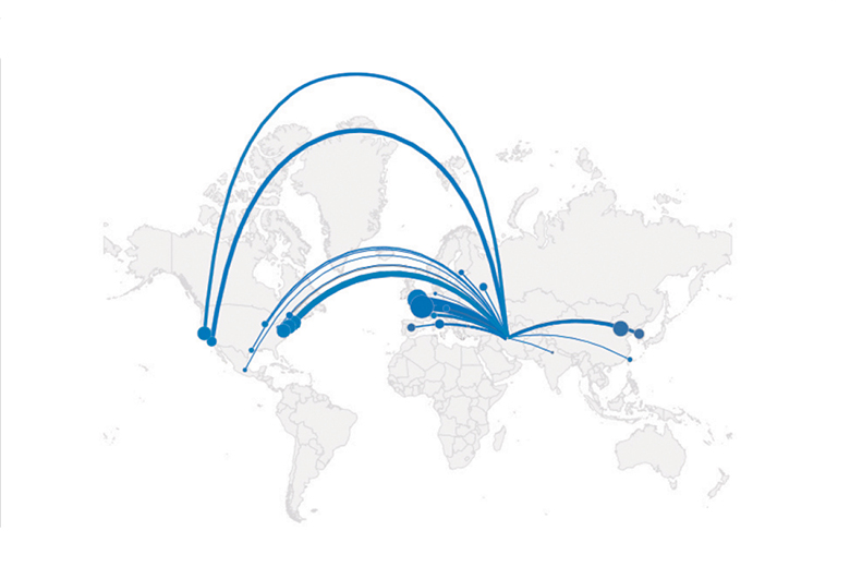 Map showing academic collaborations with Tehran