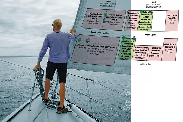 Retired academic looking at horizon from front of boat