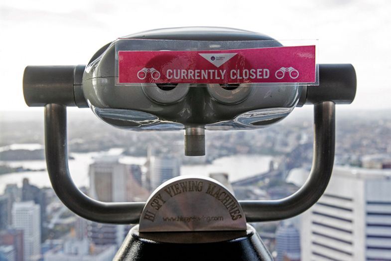 Viewing machines closed in the Sydney Tower observation deck due to COVID-19 . To illustrate how government regulations can restrict knowledge