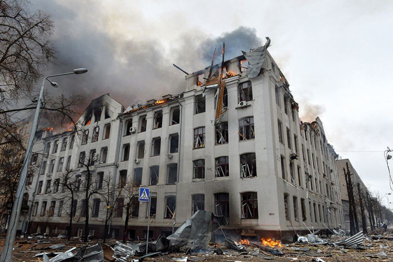 Fire at the economy department building of Karazin Kharkiv National University, allegedly hit during shelling by Russia, March 2022