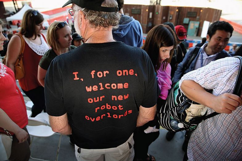 Man wearing robot-message t-shirt