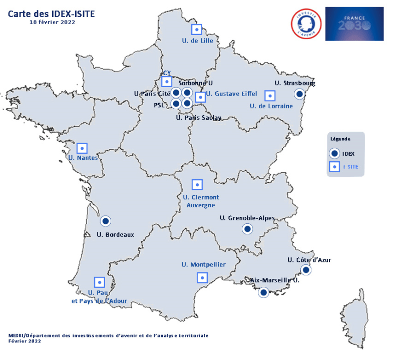 A map of the confirmed Idex and iSITE universities