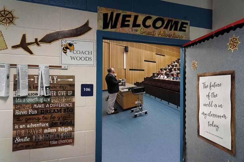 High school doorway frames a university lecture