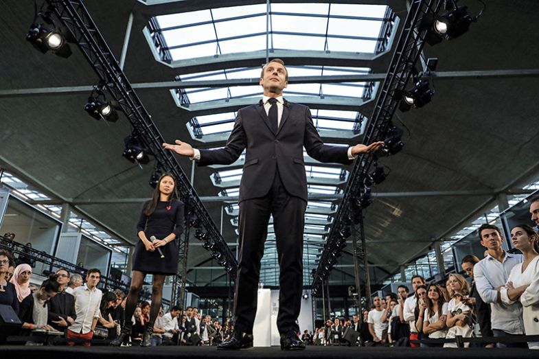 French President Emmanuel Macron visits a campus in Paris