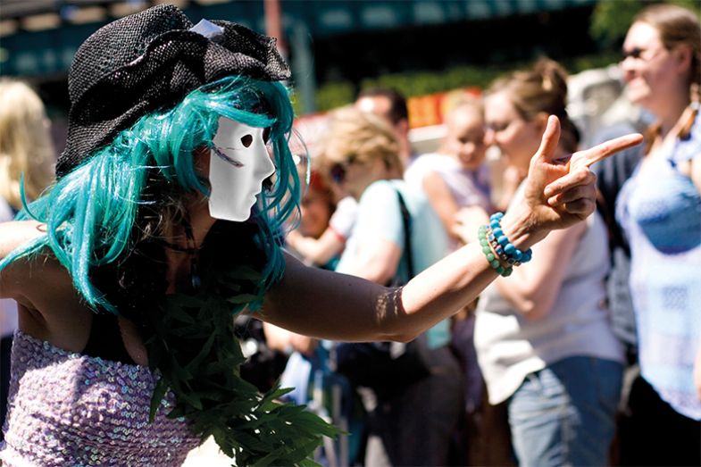  Person with green hair wearing mask