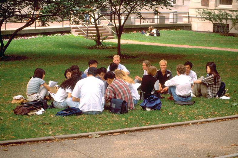 Students sitting on grass