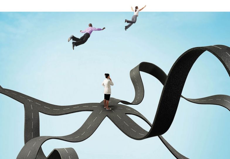 Woman in white coat stands in middle of several crossroads floating in sky and people flying