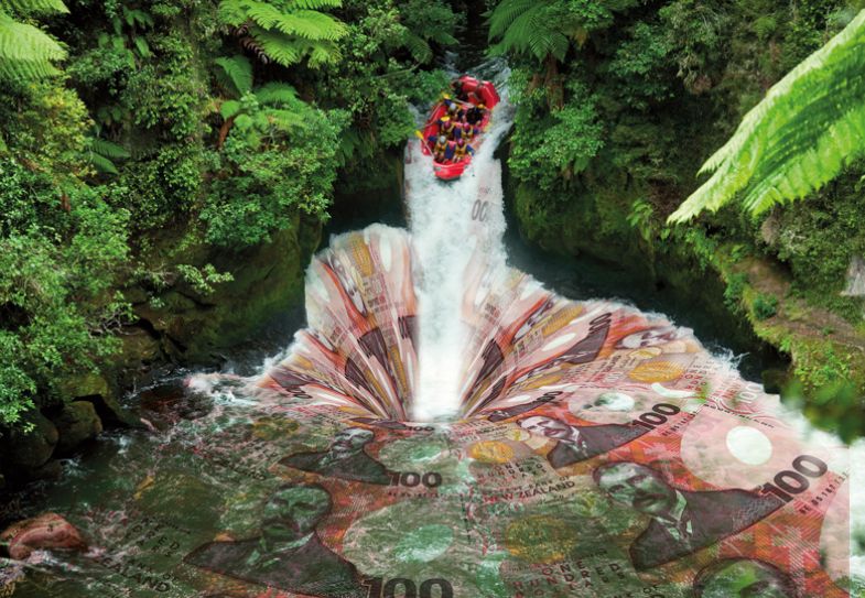 Montage of A group of whitewater rafters on the Kaituna River, New Zealand with bank notes in the water