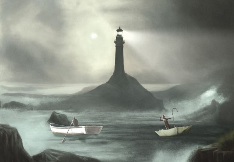 Illustration of lighthouse illuminating a marine bay, seascape