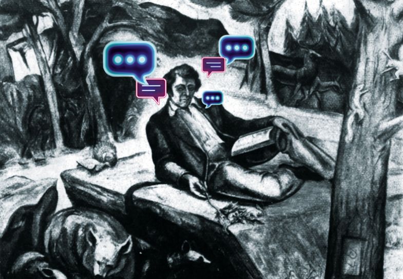 Painting of Thoreau, Henry David, portrait with animals in the forest and chatbot speech bubbles around him