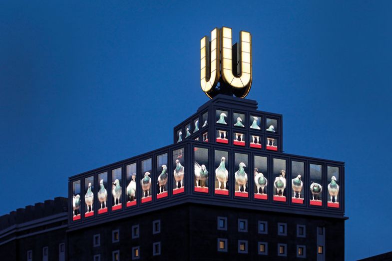 Dortmund U-Tower or Dortmunder U with a  video installation of a pigeon