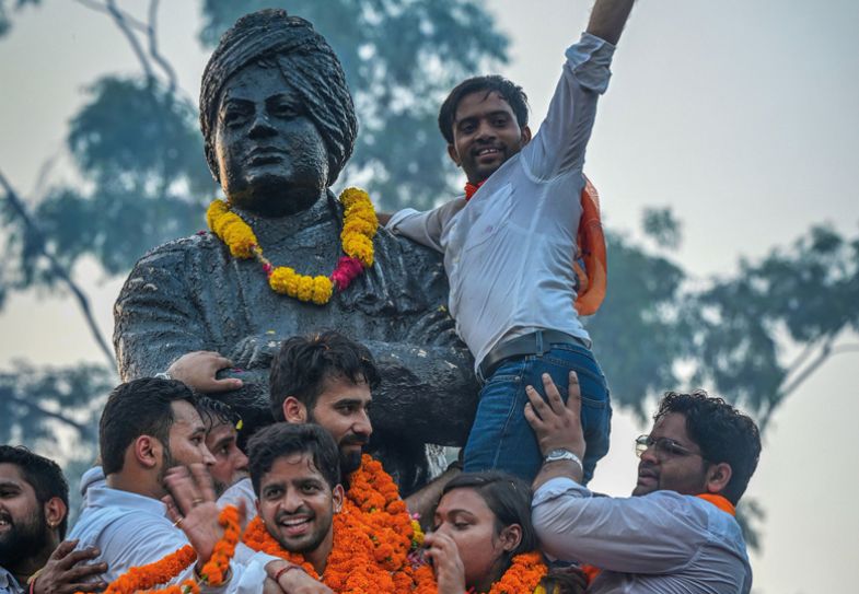 Candidates Tushar Dedha (President), Aprajiita(Secretary), and Sachin Baisla(Joint Sect) celebrating after winning all the three posts in the Delhi University Students Union (DUSU) elections, at Delhi University 