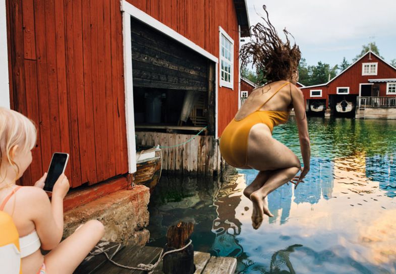 Montage of a child taking a photo while a person jumps into the water to illustrate end of the road