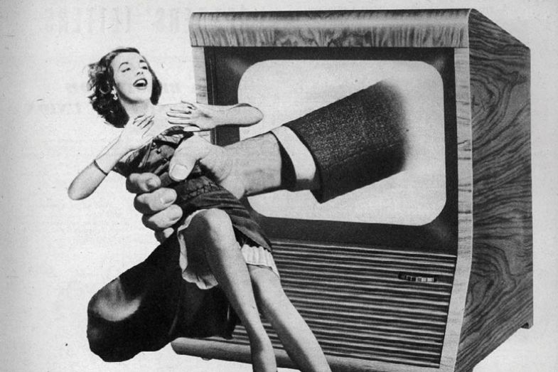 A hand reaches from the TV screen to grasp a struggling woman in a metaphor for the new Automatic Picture Control TV from Pye.