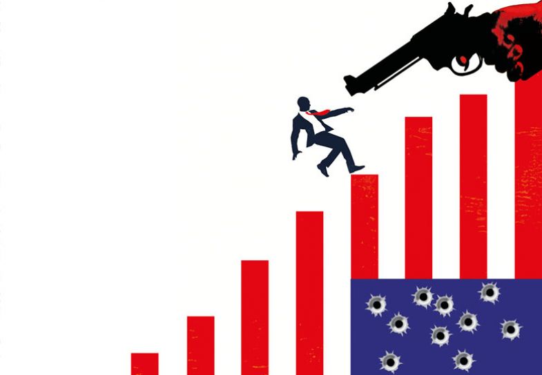 Montage of a gun pointing at man falling back on a bar chart of American flag