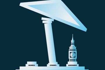 Illustration concept Slanted roof column and Big Ben to illustrate Can England’s funding system be fixed?