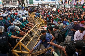 Student activists are shouting slogans before they submit their memorandum to the country's President on quota reforms for civil service jobs, during a demonstration held in Dhaka, Bangladesh, on July 14, 2024