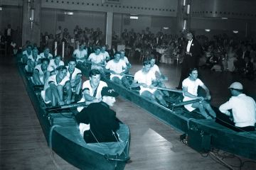 The Oxford and Cambridge boat race crews re enact the race to illustrate Do teaching fellowships actually improve teaching?