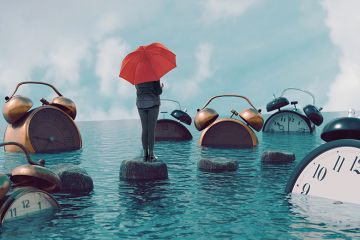 Montage: woman with umbrella stands on stepping stone, surrounded by clocks floating in water