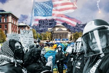 Montage that shows the destruction in Gaza; Student demonstrators occupy the West Lawn of Columbia University; Students and pro-Palestinian activists face police as they gather outside of Columbia University; torn US flag