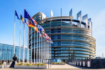 Entrance of the Louise Weiss building, inaugurated in 1999, the official seat of the European Parliament which houses the hemicycle for plenary sessions.