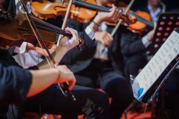 Violins playing in an orchestra