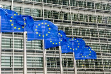 European Union flags outside European Commission building at Berlaymont in Brussels, Belgium