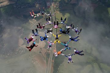 A group of parachutists jumping from an airplane on July 25, 2017 in São Paulo