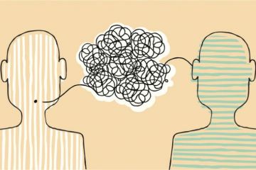 Cartoon of two people with a tangled speech bubble between them symbolising misunderstanding