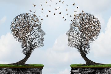 Birds fly between heads shaped like trees