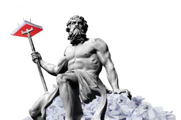 Montage of statue of Poseidon sitting on heaps of paper