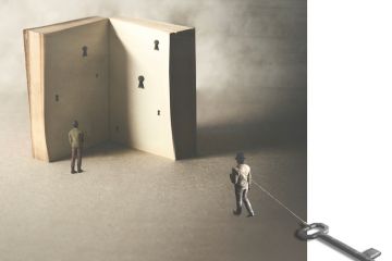 Concept illustration looking at a book with lock holes inside, one man is dragging a large key on a rope to illustrate Is mentoring the elixir of academic life?