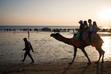 Tourists ride a camel on a beachfront in Mandvi in Gujarat, India to illustrate Coventry among India branch campus contenders