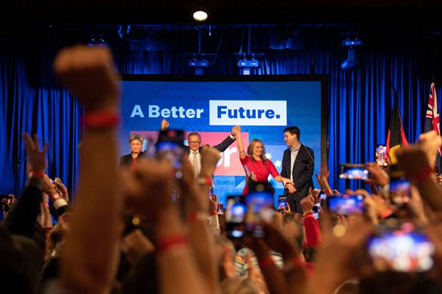 Labor Senate Leader Penny Wong, Australian Opposition Leader Anthony Albanese accompanied by his partner Jodie Haydon and son Nathan Albanese arrive for a victory celebration after winning the 2022 general election at the Federal Labor Reception in Sydney