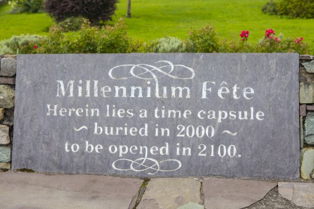 A plaque in the village of Sneem in County Kerry, Ireland, marking where a time capsule was buried during the millennium celebrations in 2000. The capsule will be opened in 2100.