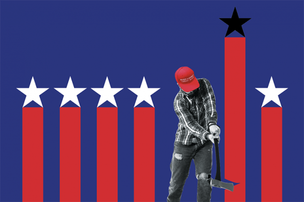 Lumberjack wearing MAGA hat chopping down tallest star