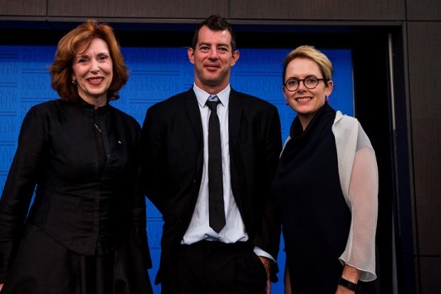 Chris Mills with Margaret Gardner (left) and journalist Sabra Lane