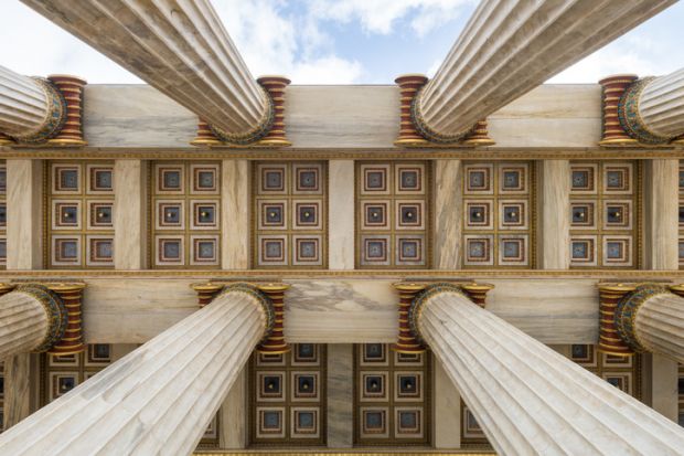 A Greek colonnade, seen from below