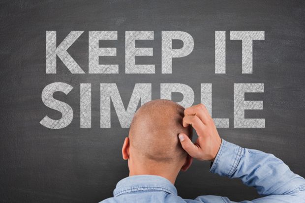 Confused man looking at 'Keep it simple' sign