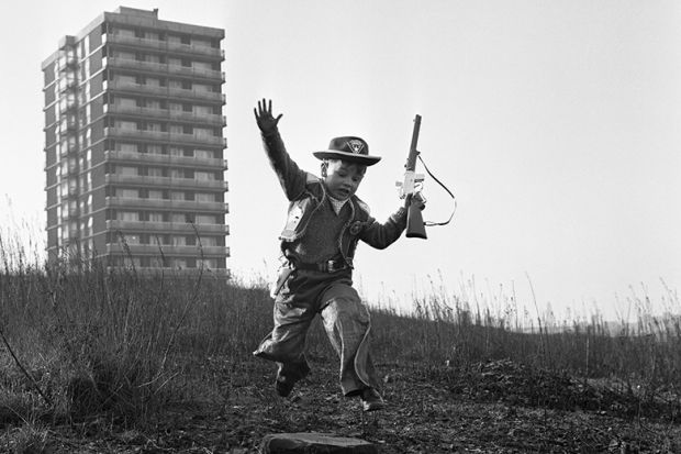 Young boy playing cowboys in Collyhurst, Manchester 14th January 1968 