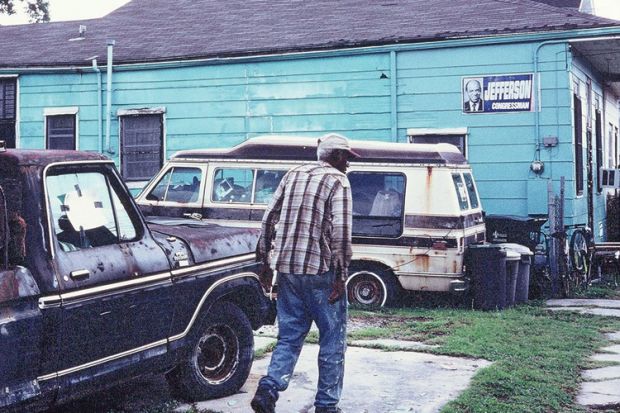 Elderly American man, abandoned truck