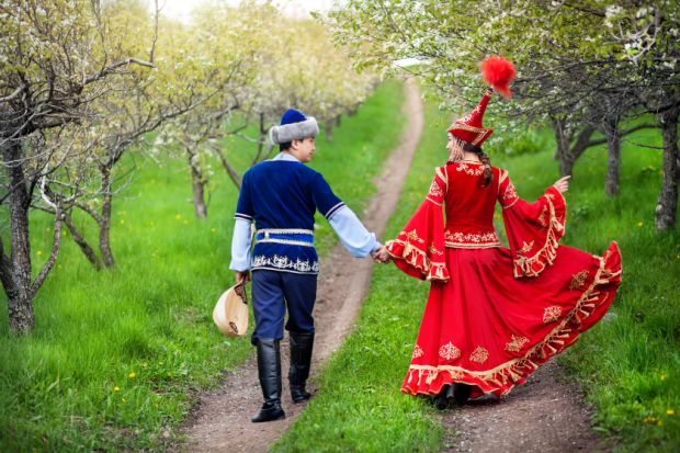 Kazakh couple in fairy tale dress