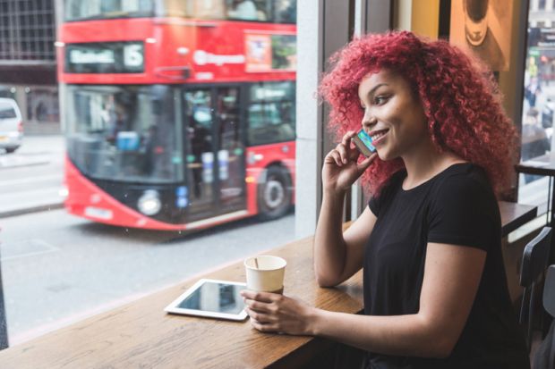 A female student in a London cafe